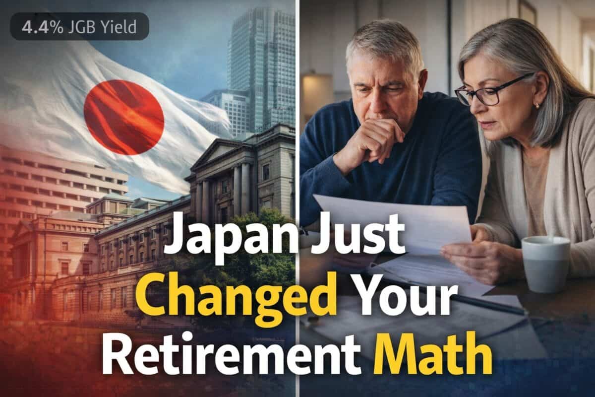Bank of Japan with a Japanese flag and a concerned retired couple reviewing documents, highlighting rising Japanese bond yields affecting global retirement planning